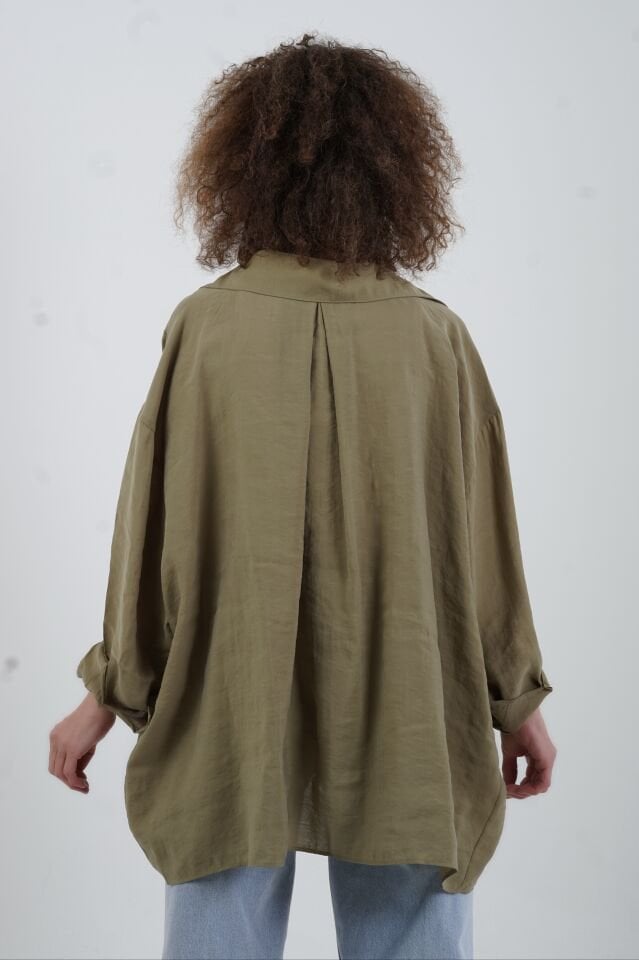 Haki Omzu Düşük Oversize Gömlek