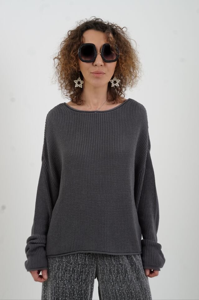 Füme Kayık Yaka Basic Triko Kazak