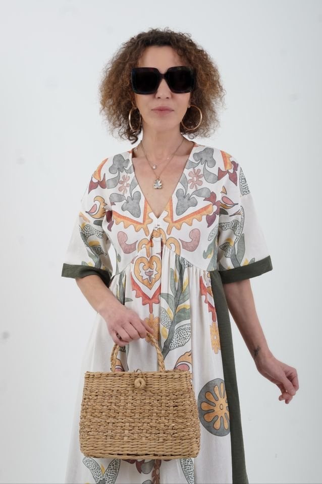 Olive Pano Desen Keten Karışımlı Elbise