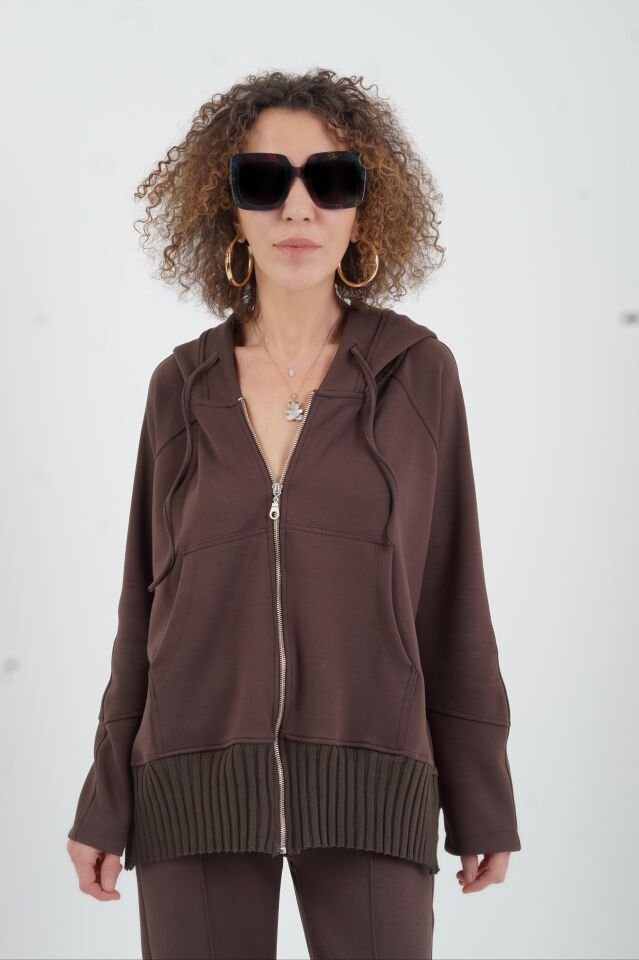 Kahve Fermuarlı Modal Sweatshirt Pantolon Takım