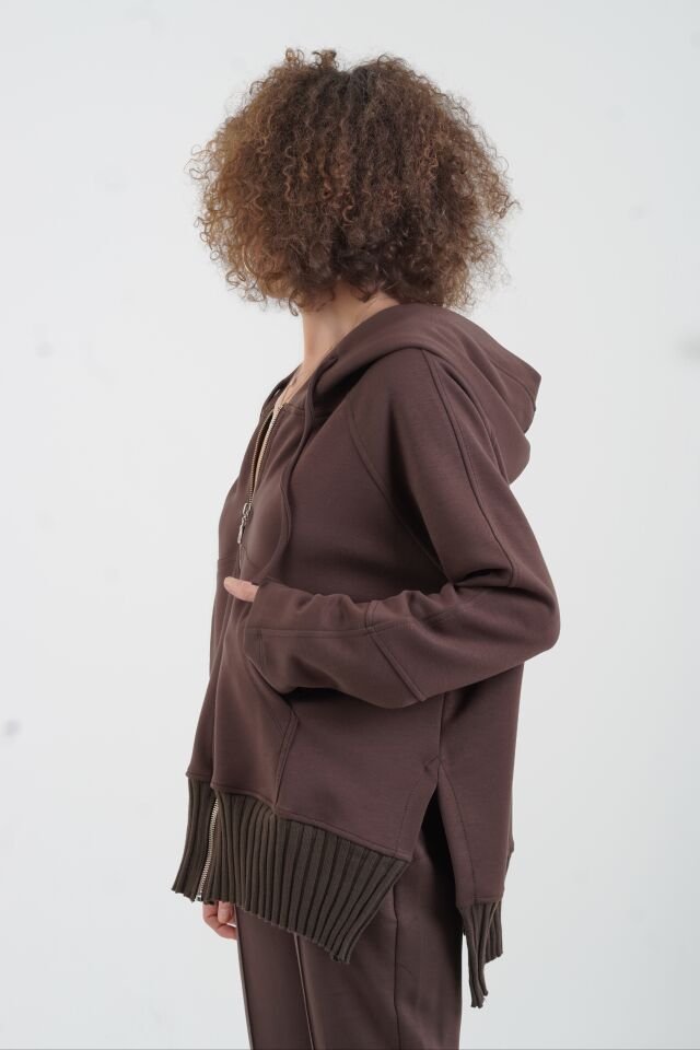 Kahve Fermuarlı Modal Sweatshirt Pantolon Takım