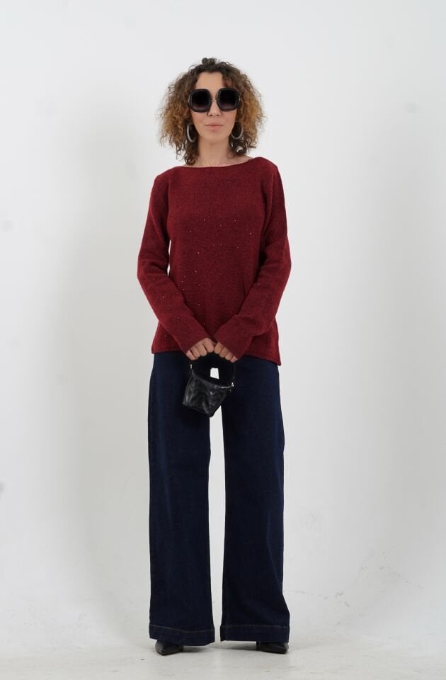 Bordo Kayık Yaka Pullu Simli Triko Kazak