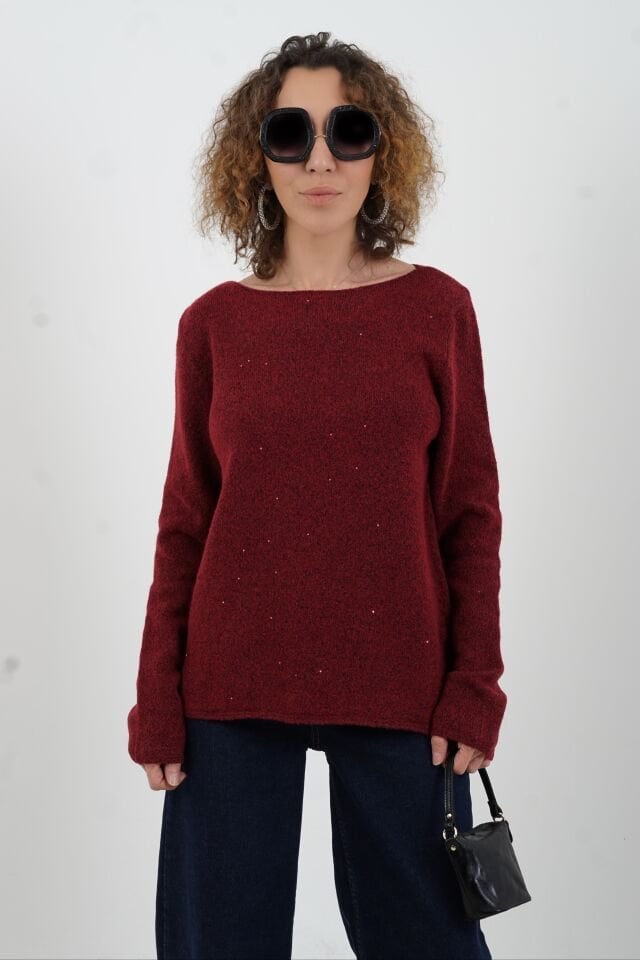 Bordo Kayık Yaka Pullu Simli Triko Kazak