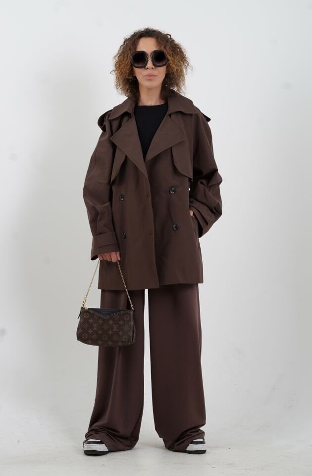 Kahve Kuşaklı Kısa Trençkot