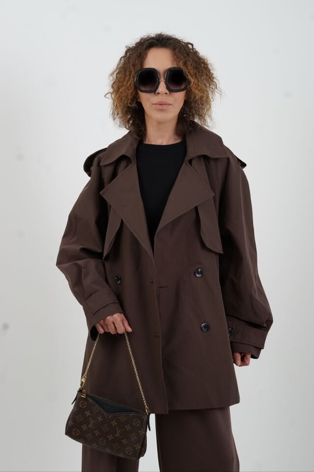 Kahve Kuşaklı Kısa Trençkot