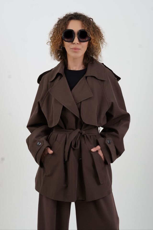 Kahve Kuşaklı Kısa Trençkot