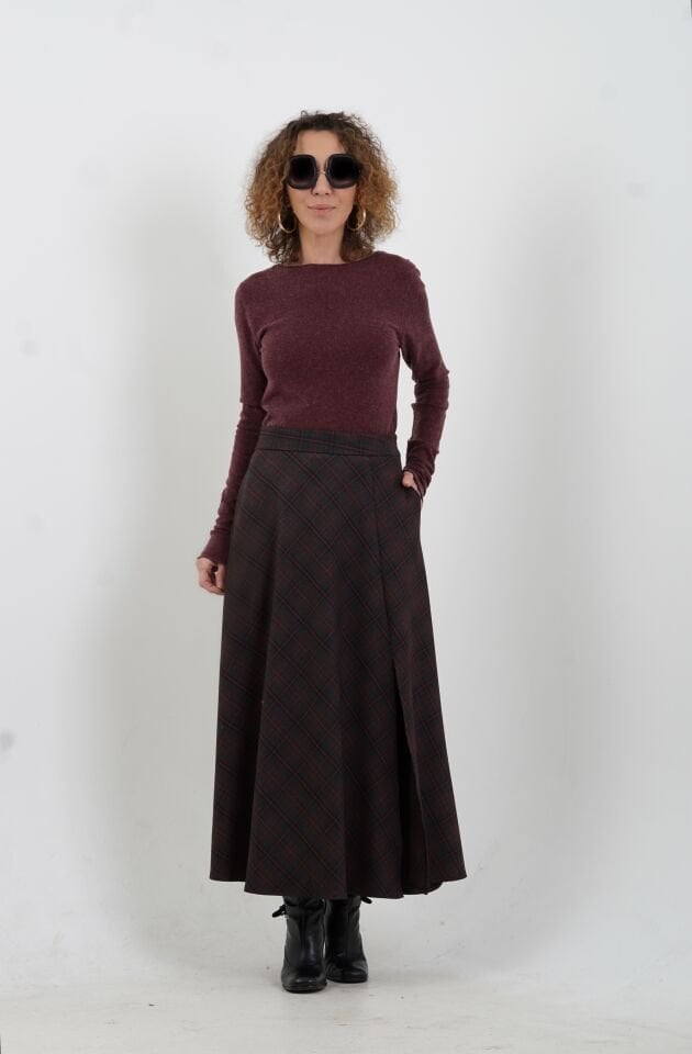 Antrasit Bordo Ekoseli Yırtmaçlı Etek