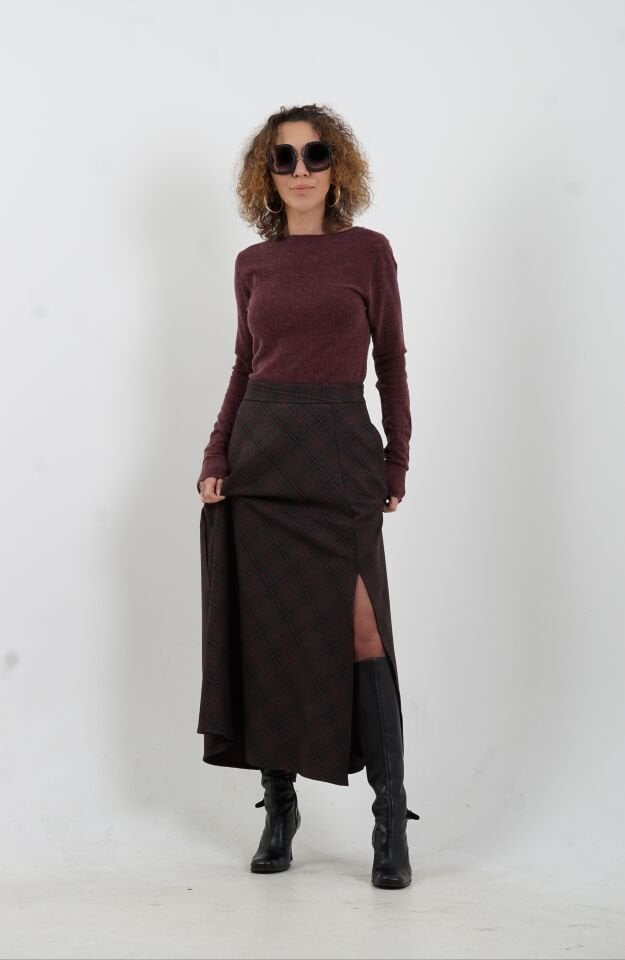 Antrasit Bordo Ekoseli Yırtmaçlı Etek