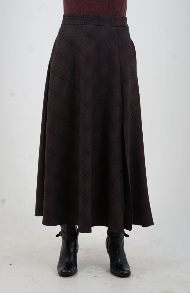 Antrasit Bordo Ekoseli Yırtmaçlı Etek