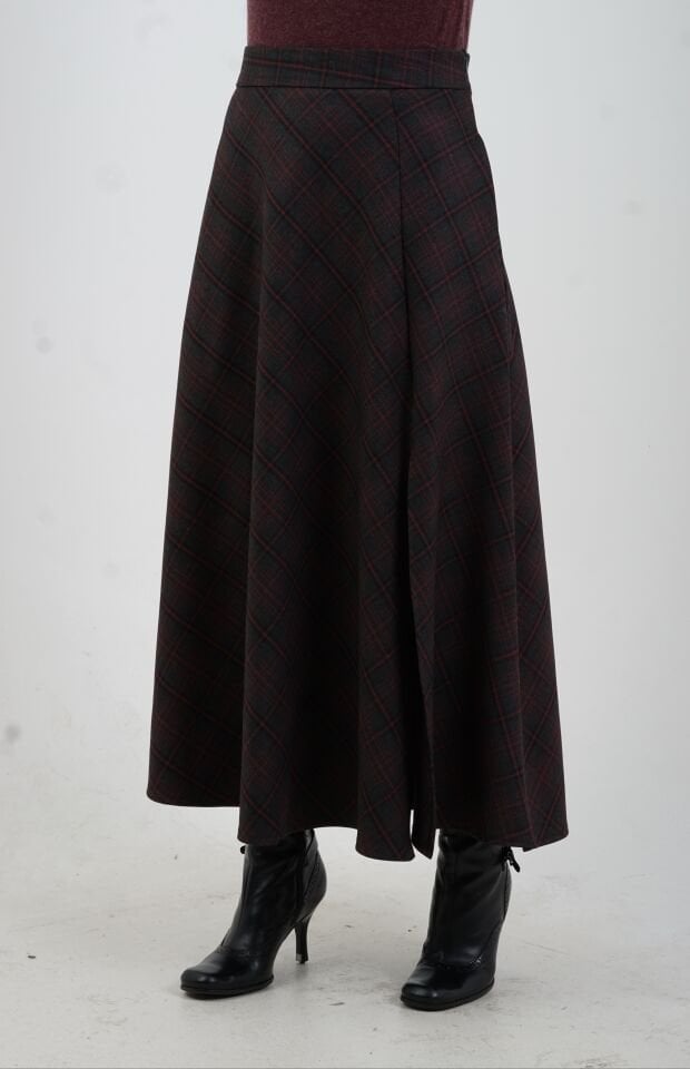 Antrasit Bordo Ekoseli Yırtmaçlı Etek