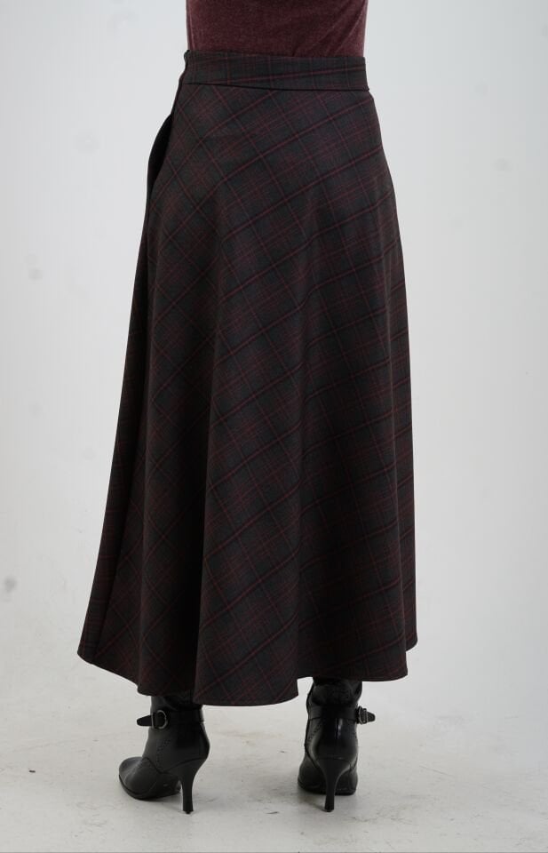 Antrasit Bordo Ekoseli Yırtmaçlı Etek