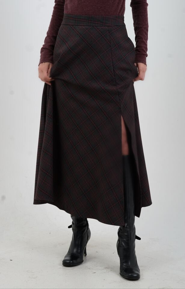 Antrasit Bordo Ekoseli Yırtmaçlı Etek