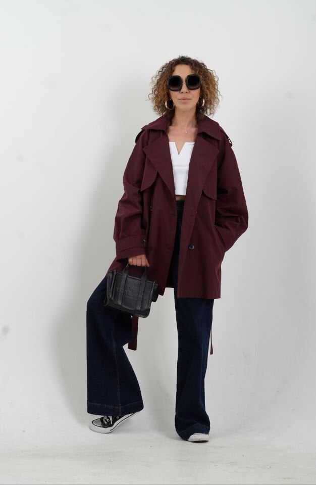 Bordo Kuşaklı Kısa Trençkot