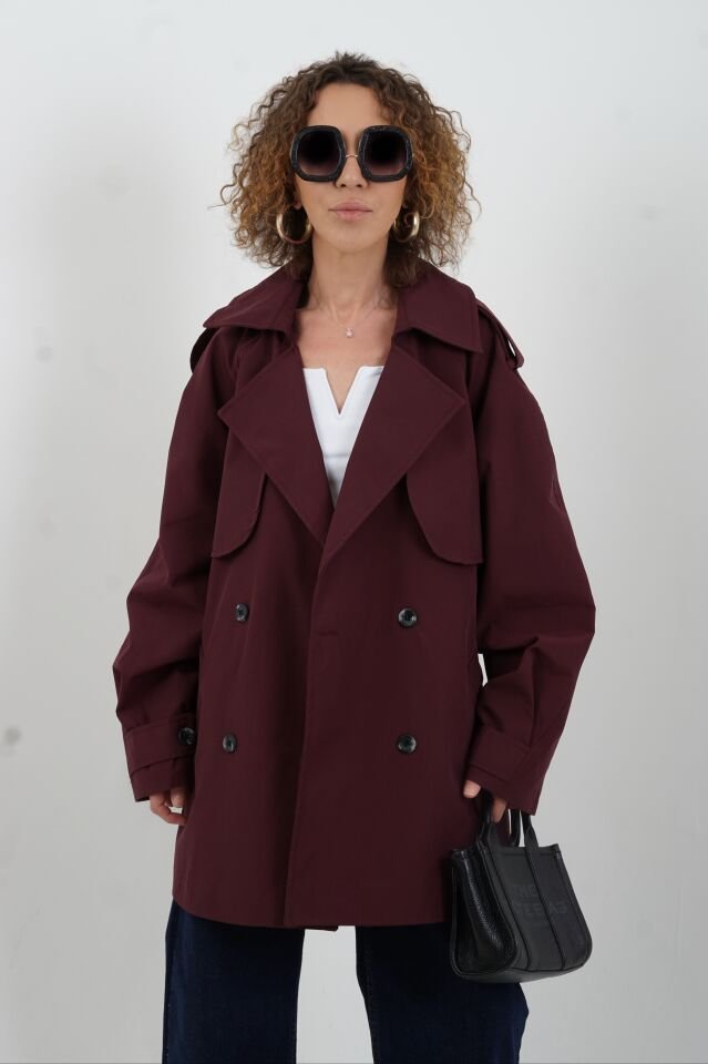 Bordo Kuşaklı Kısa Trençkot