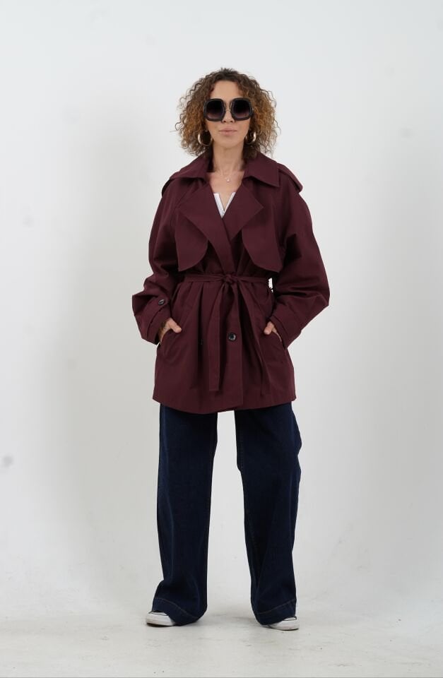 Bordo Kuşaklı Kısa Trençkot