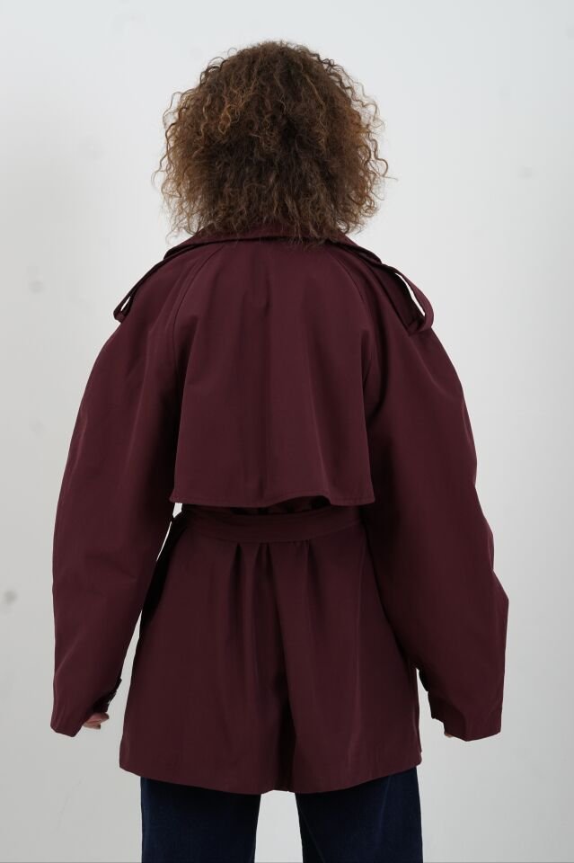 Bordo Kuşaklı Kısa Trençkot