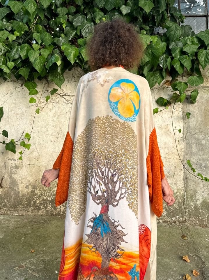 Oranj Hayat Ağacı Desenli Kimono