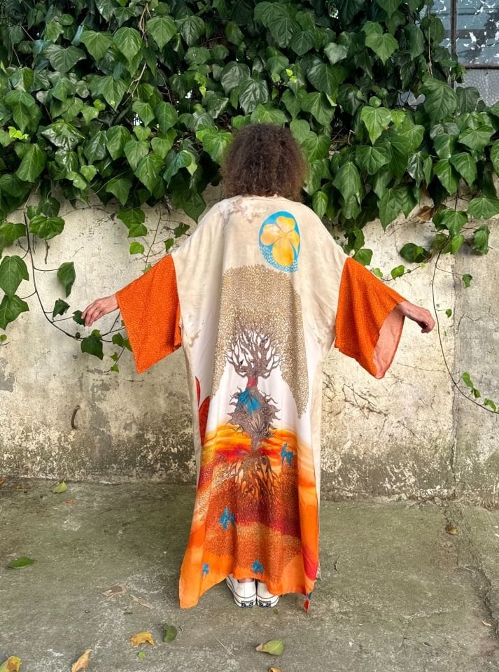 Oranj Hayat Ağacı Desenli Kimono