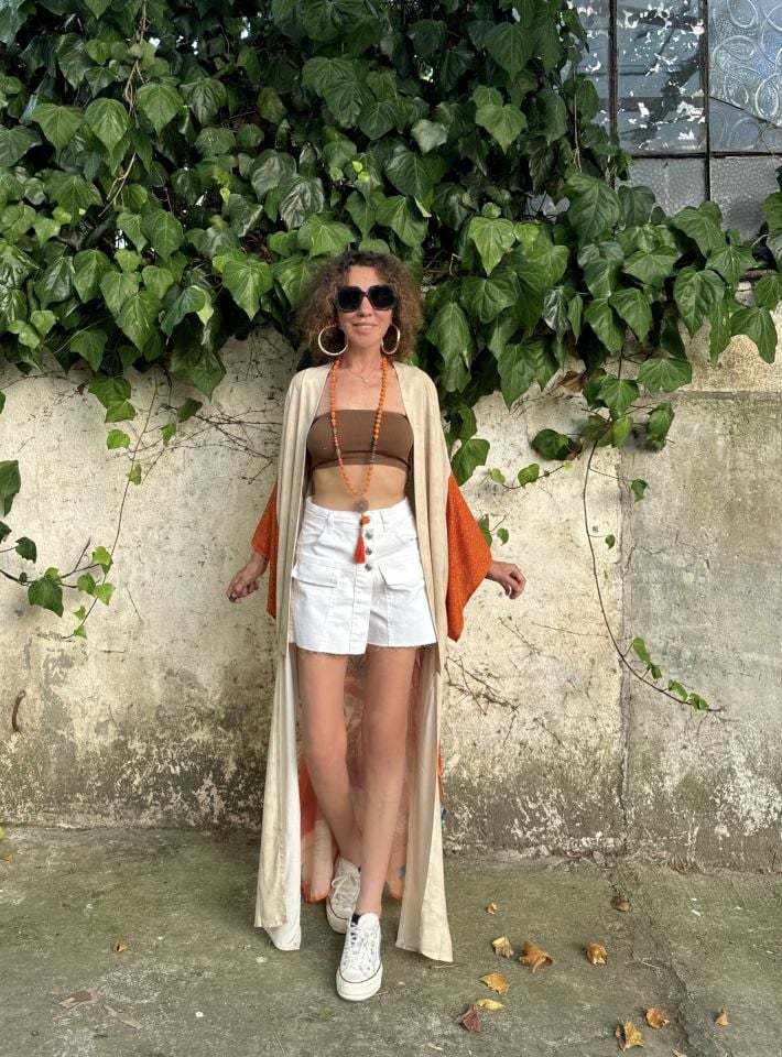 Oranj Hayat Ağacı Desenli Kimono