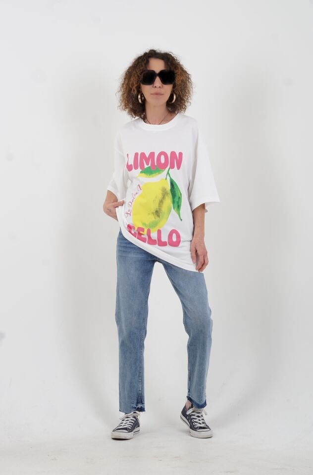 Beyaz Limon Cello Baskılı Oversize Tshirt