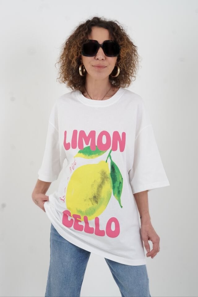 Beyaz Limon Cello Baskılı Oversize Tshirt