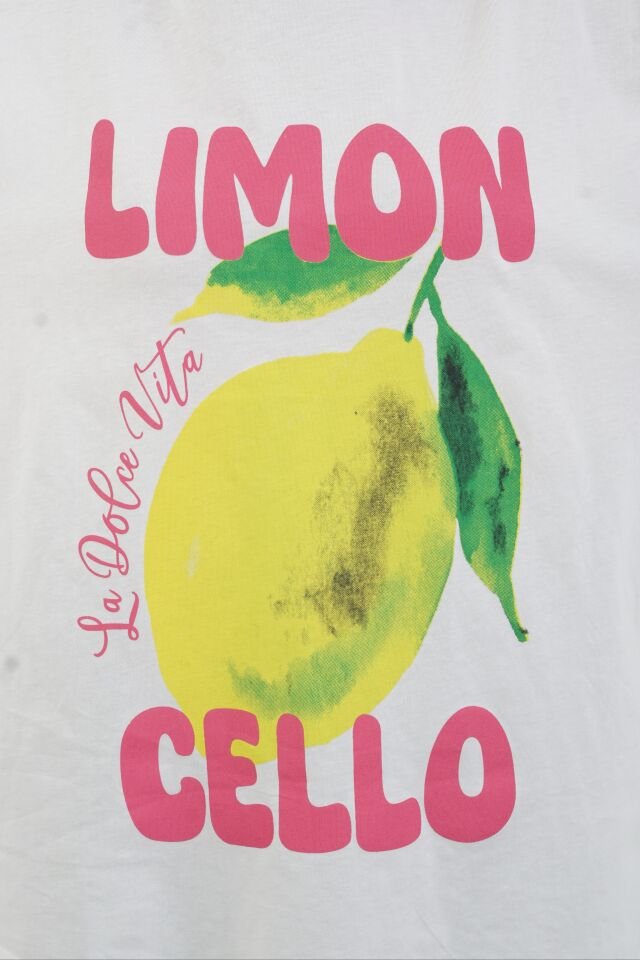 Beyaz Limon Cello Baskılı Oversize Tshirt
