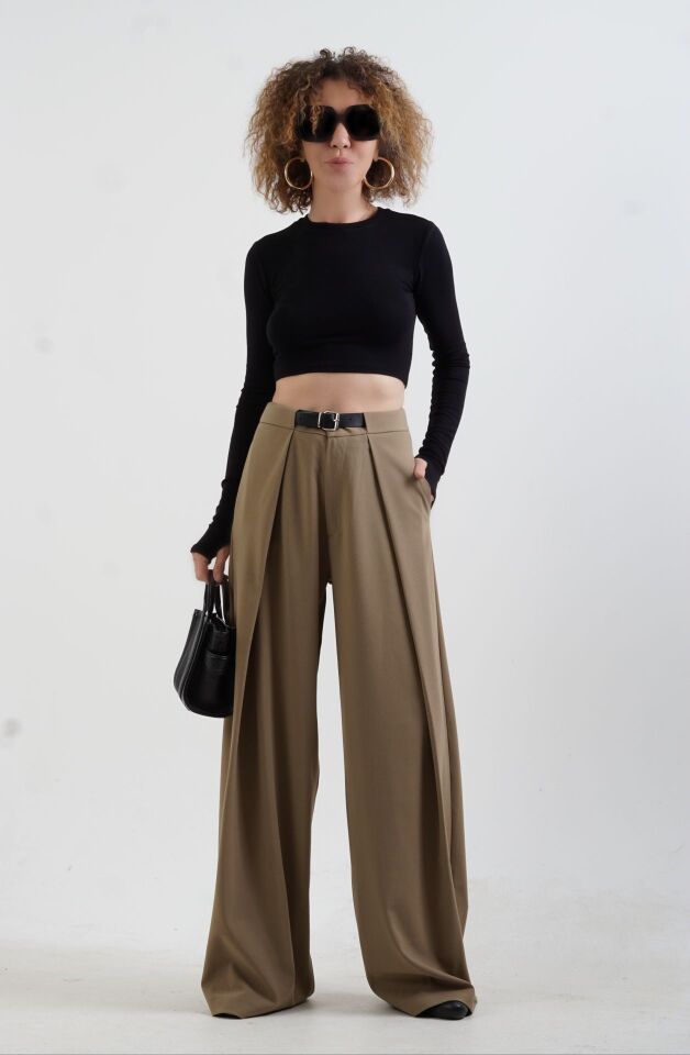 Haki Pileli Geniş Paça Pantolon