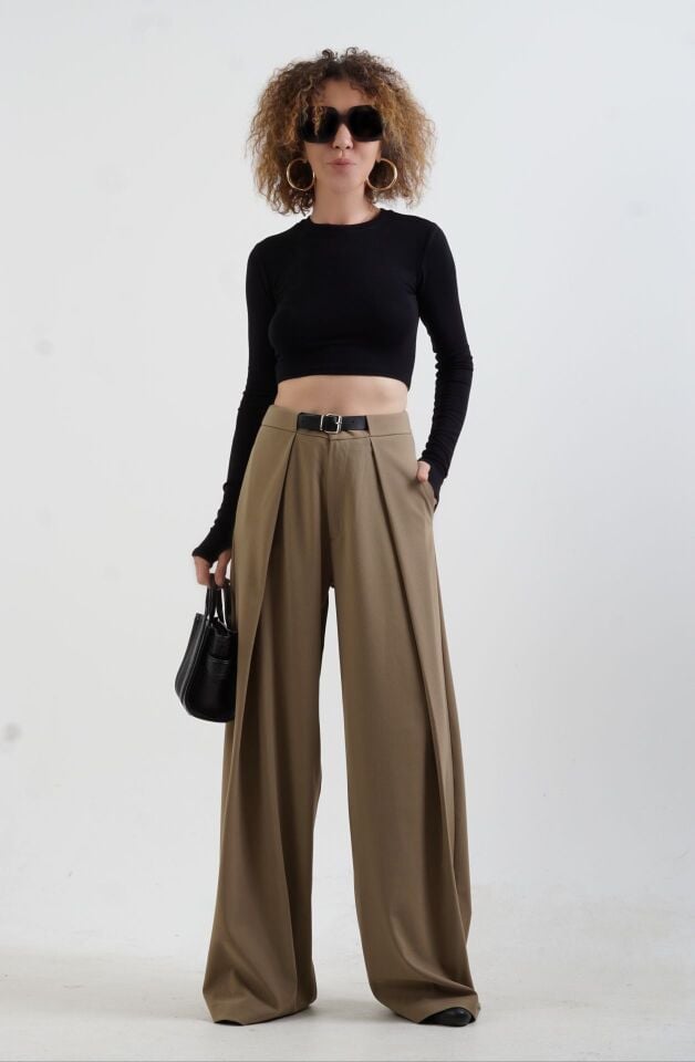 Haki Pileli Geniş Paça Pantolon
