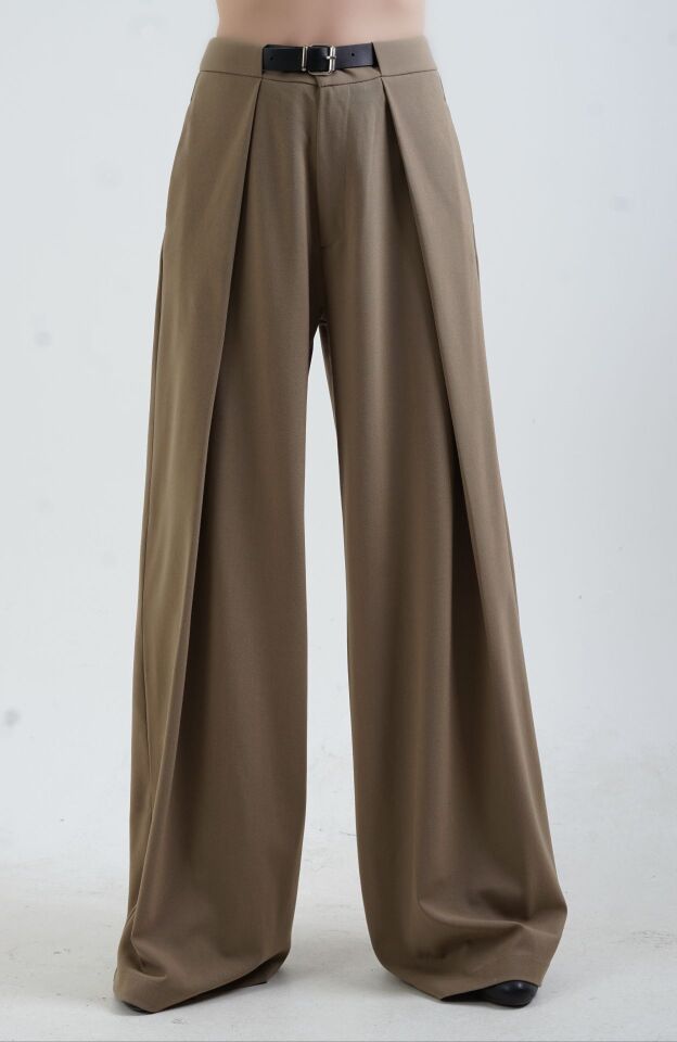 Haki Pileli Geniş Paça Pantolon