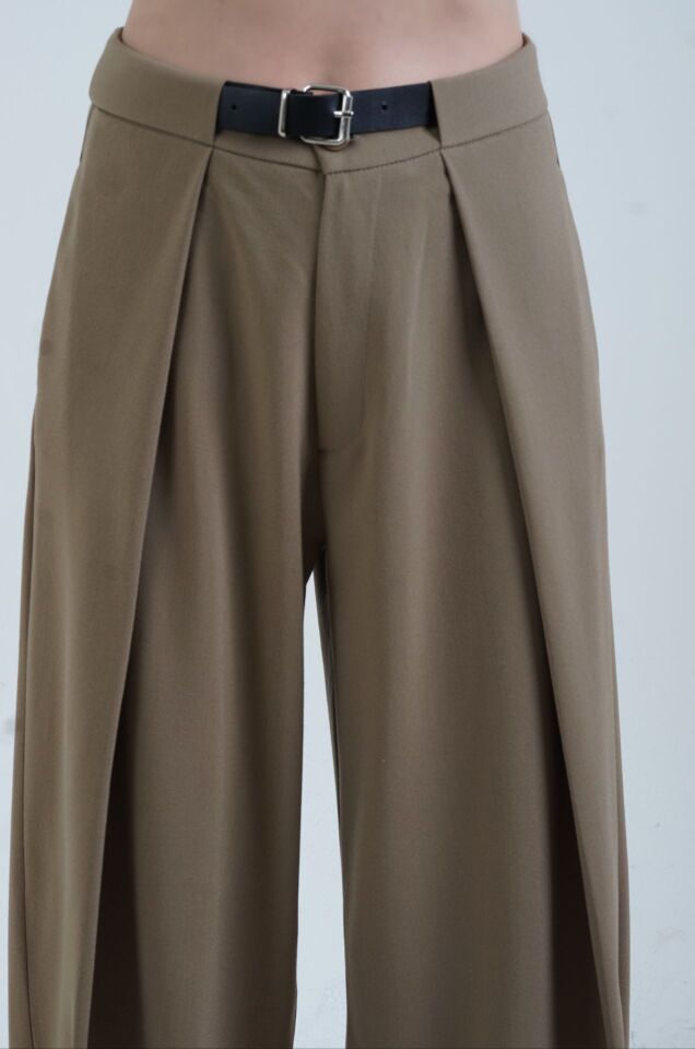 Haki Pileli Geniş Paça Pantolon