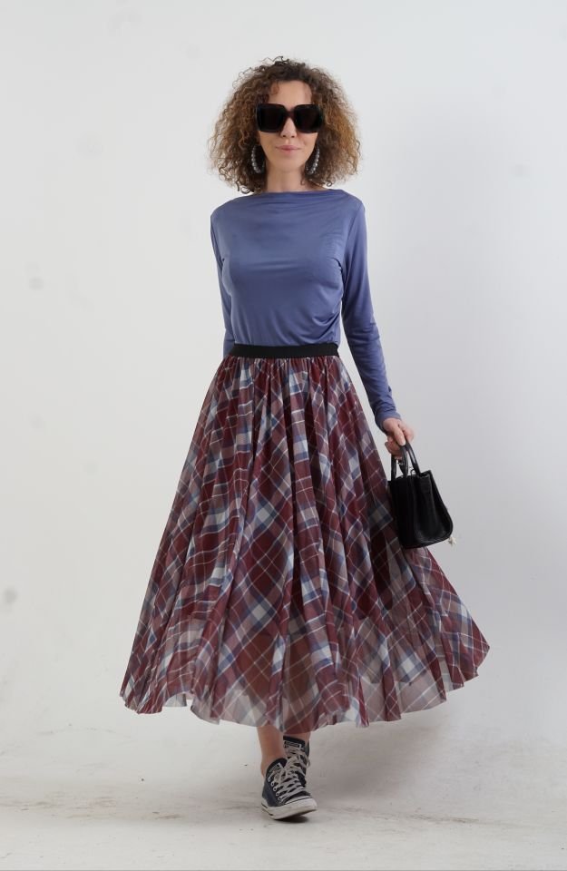 Bordo Ekoseli Tül Etek