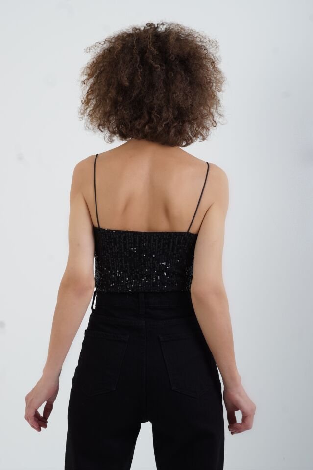 Siyah Pul Payetli İp Askılı Büstiyer