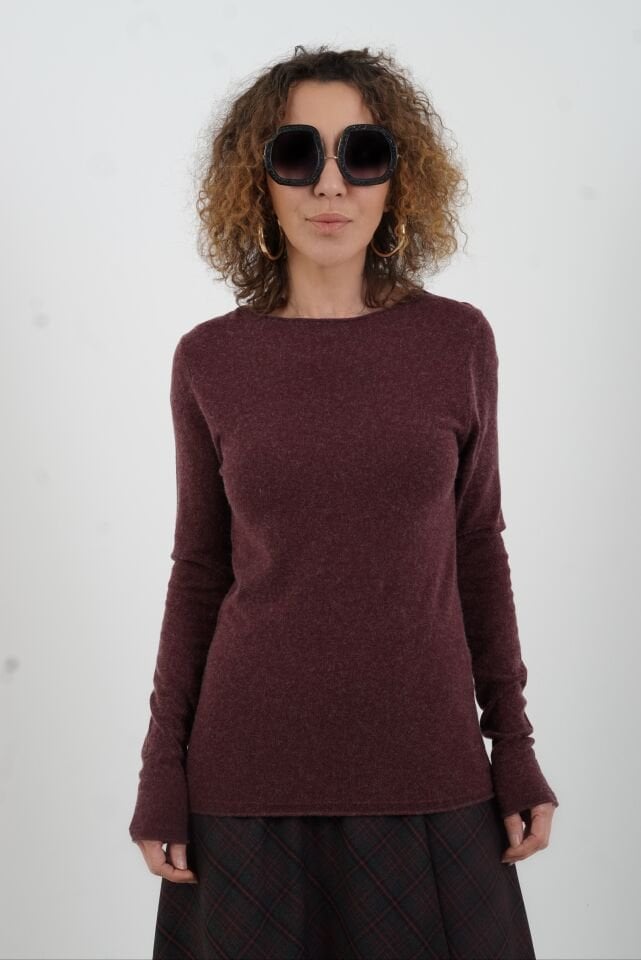 Bordo Melanj Kayık Yaka Kaşmirli Triko Kazak