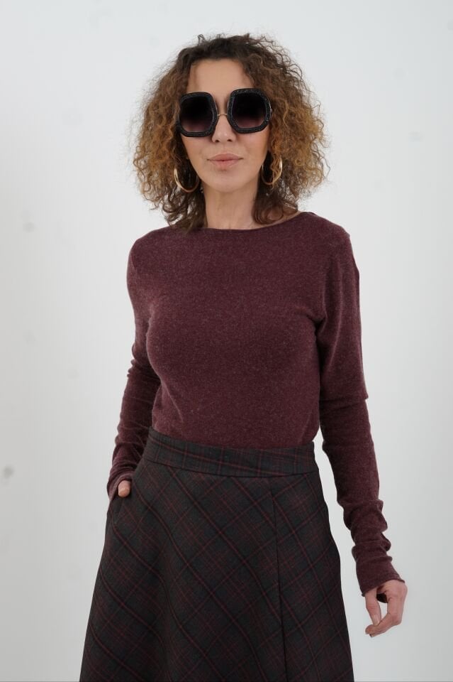 Bordo Melanj Kayık Yaka Kaşmirli Triko Kazak