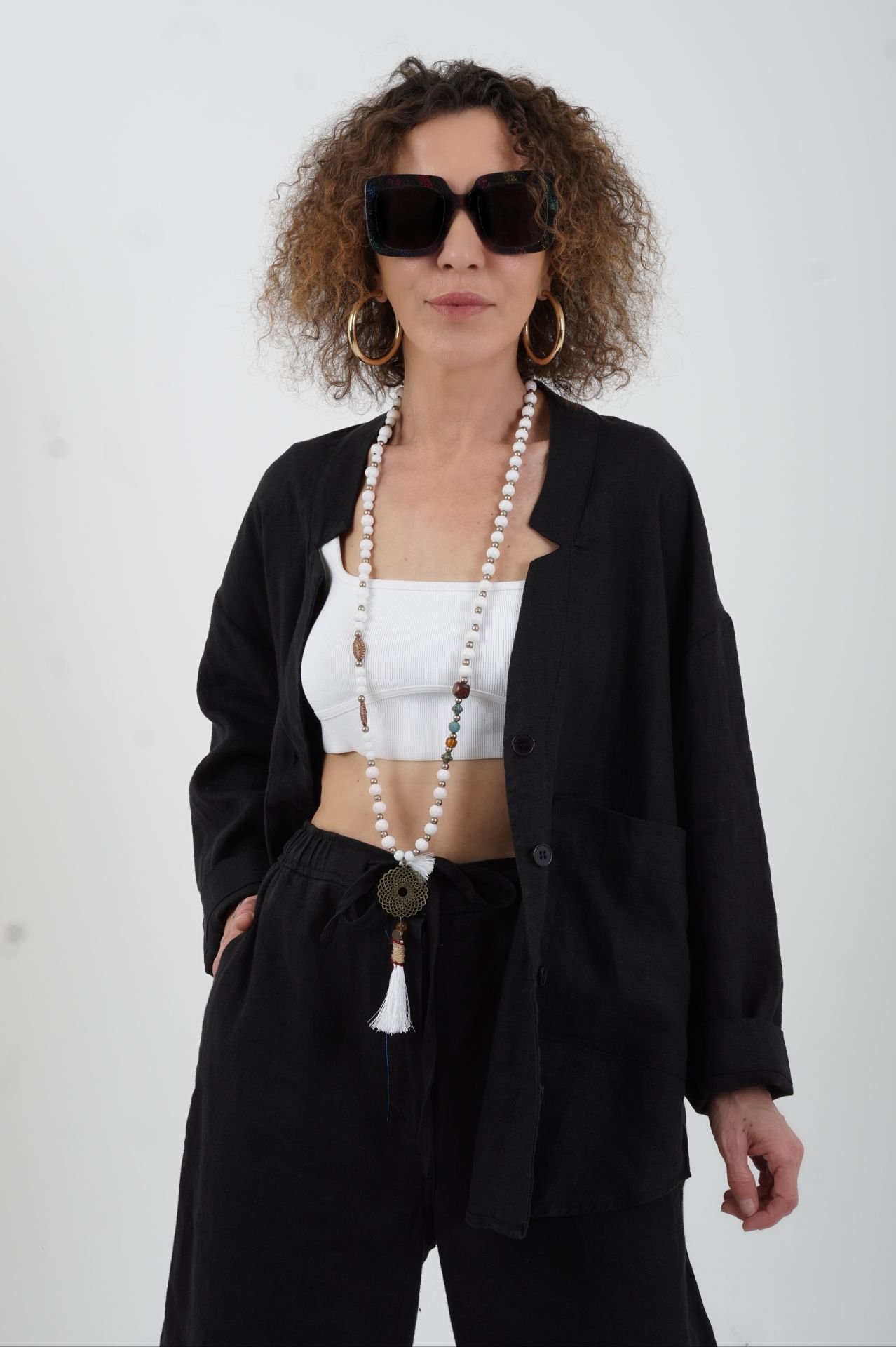 Siyah Naturel Tek Cep Oversize Keten Ceket