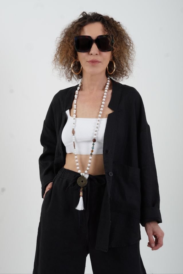Siyah Naturel Tek Cep Oversize Keten Ceket