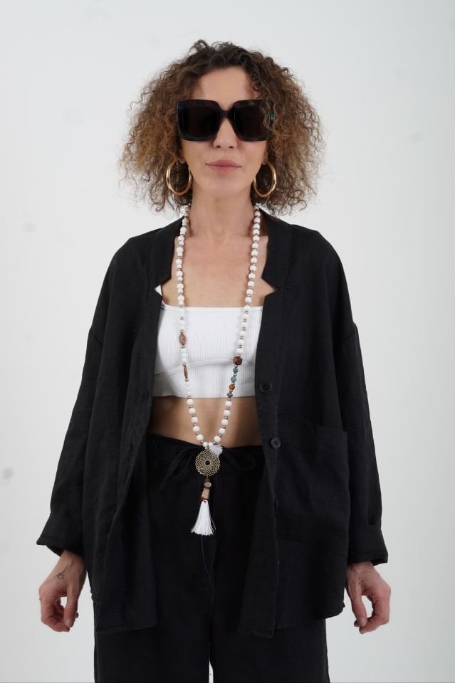 Siyah Naturel Tek Cep Oversize Keten Ceket