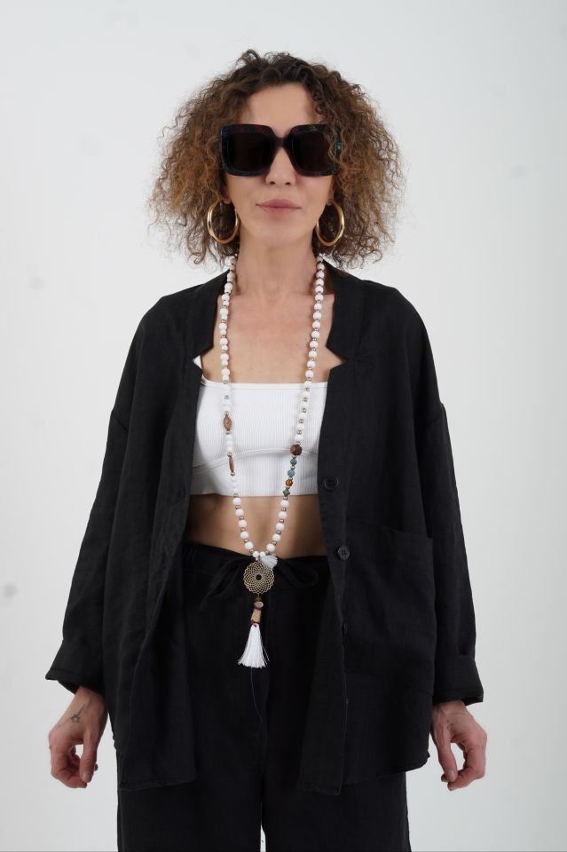 Siyah Naturel Tek Cep Oversize Keten Ceket