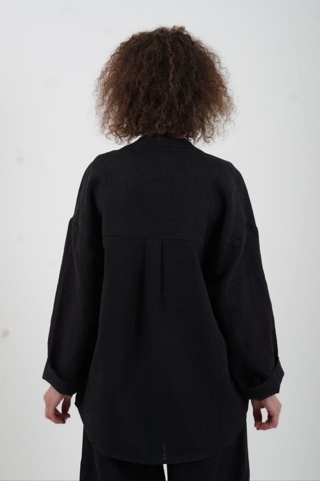 Siyah Naturel Tek Cep Oversize Keten Ceket