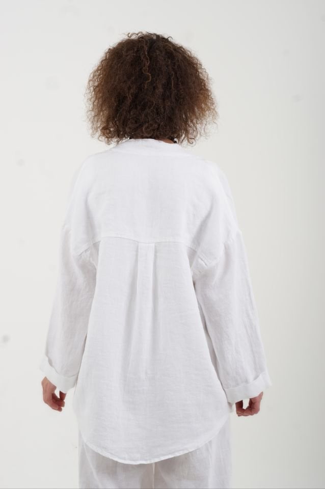 Beyaz Naturel Tek Cep Oversize Keten Ceket