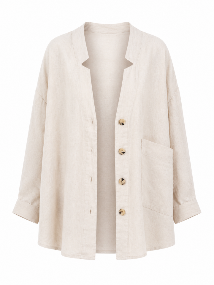Bej Naturel Keten Tek Cep Oversize Keten Ceket