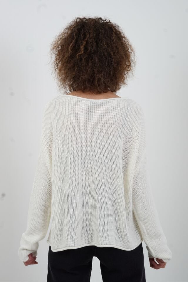 Krem Kayık Yaka Basic Triko Kazak