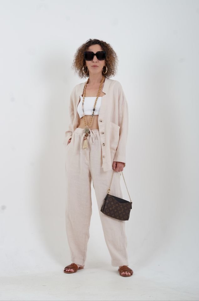 Bej Naturel Keten Tek Cep Oversize Keten Ceket