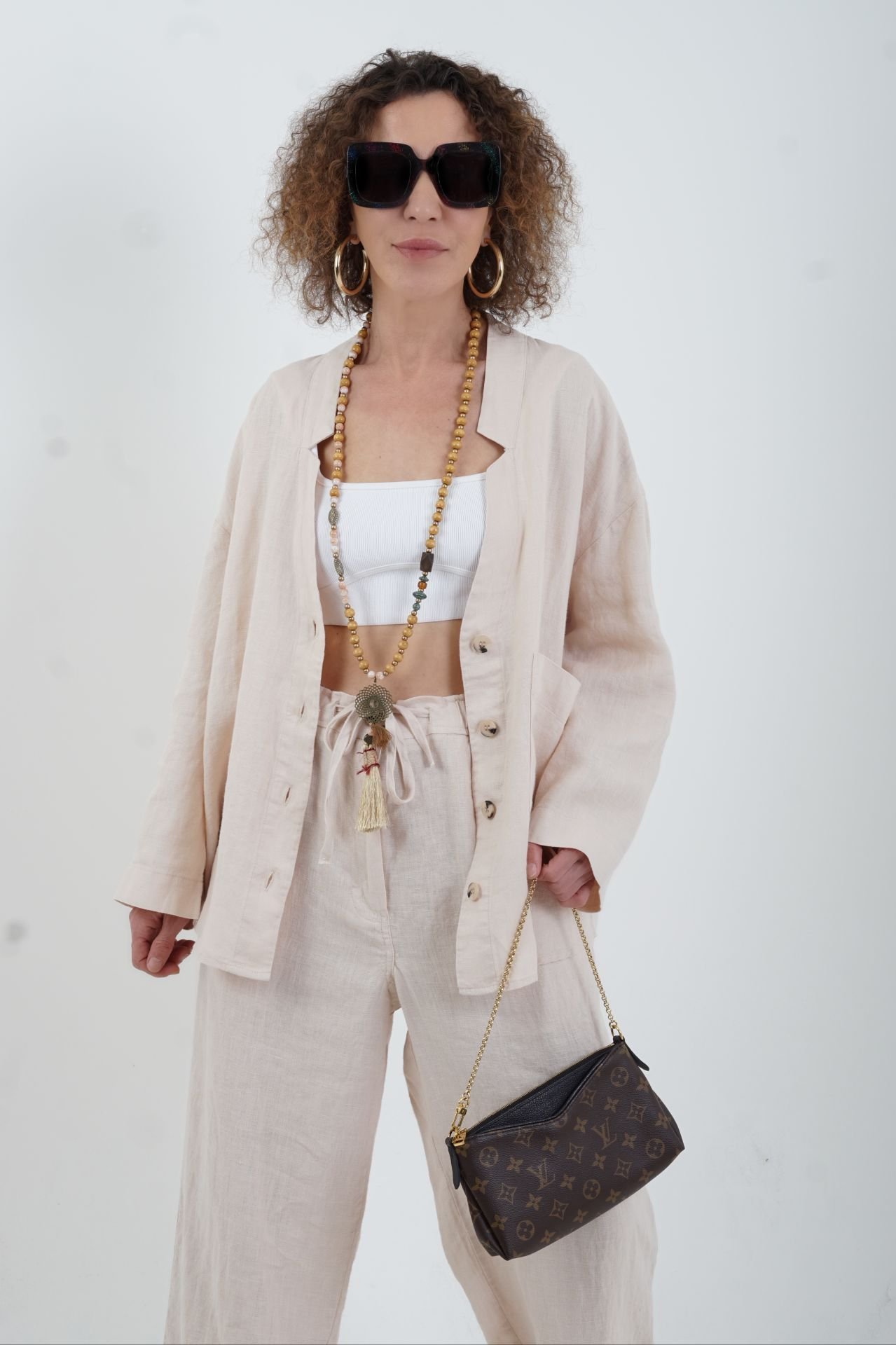 Bej Naturel Keten Tek Cep Oversize Keten Ceket