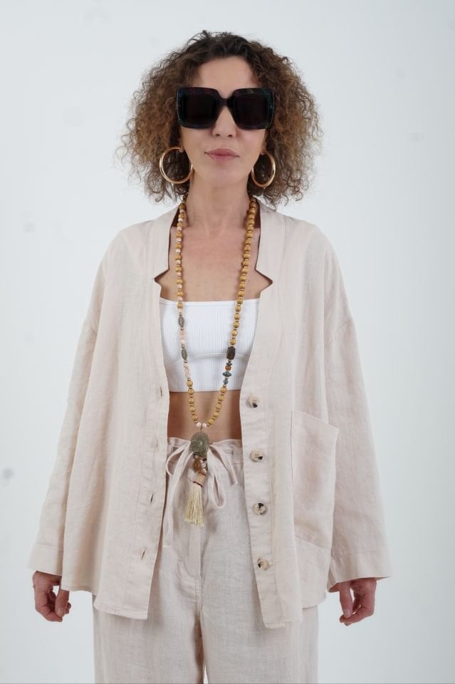 Bej Naturel Keten Tek Cep Oversize Keten Ceket