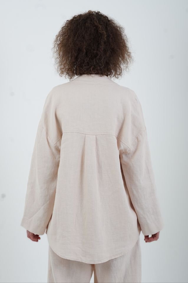 Bej Naturel Keten Tek Cep Oversize Keten Ceket