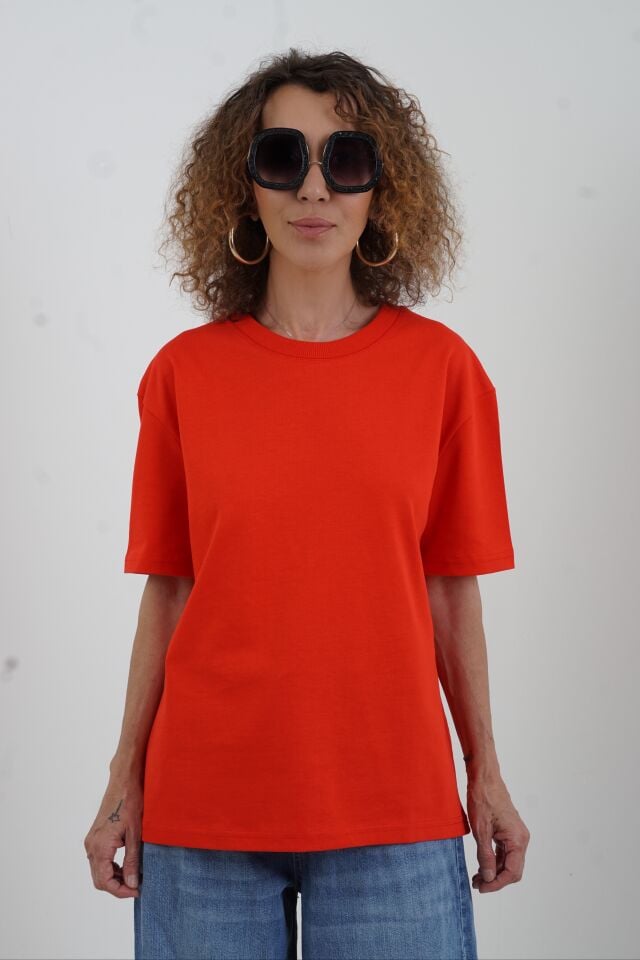 Kırmızı Özel  Dikişli  Bisiklet Yaka Tshirt