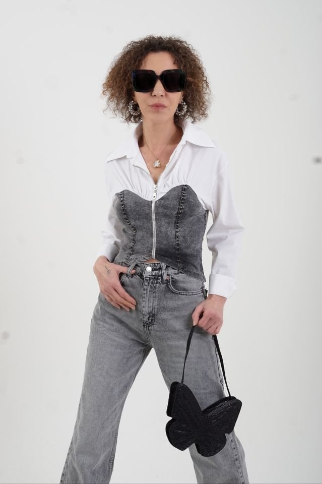 Beyaz Antrasiti Denim Büstiyer Detaylı Fermuarlı Gömlek