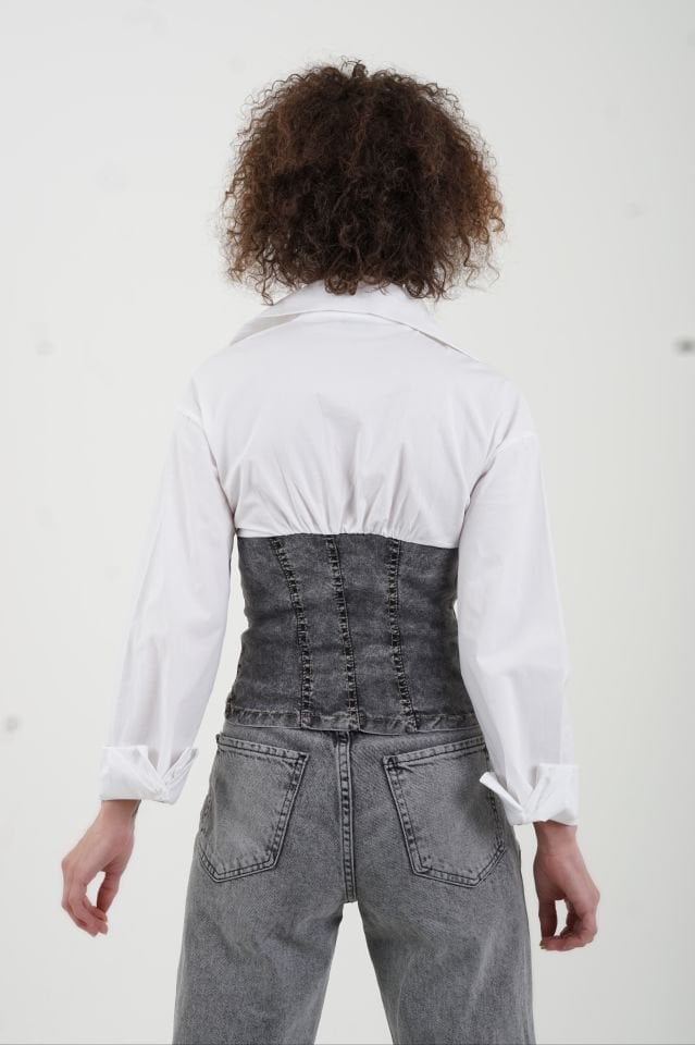 Beyaz Antrasiti Denim Büstiyer Detaylı Fermuarlı Gömlek
