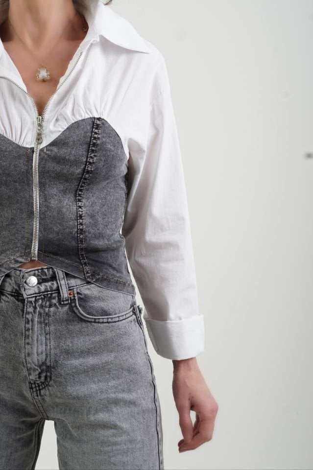 Beyaz Antrasiti Denim Büstiyer Detaylı Fermuarlı Gömlek